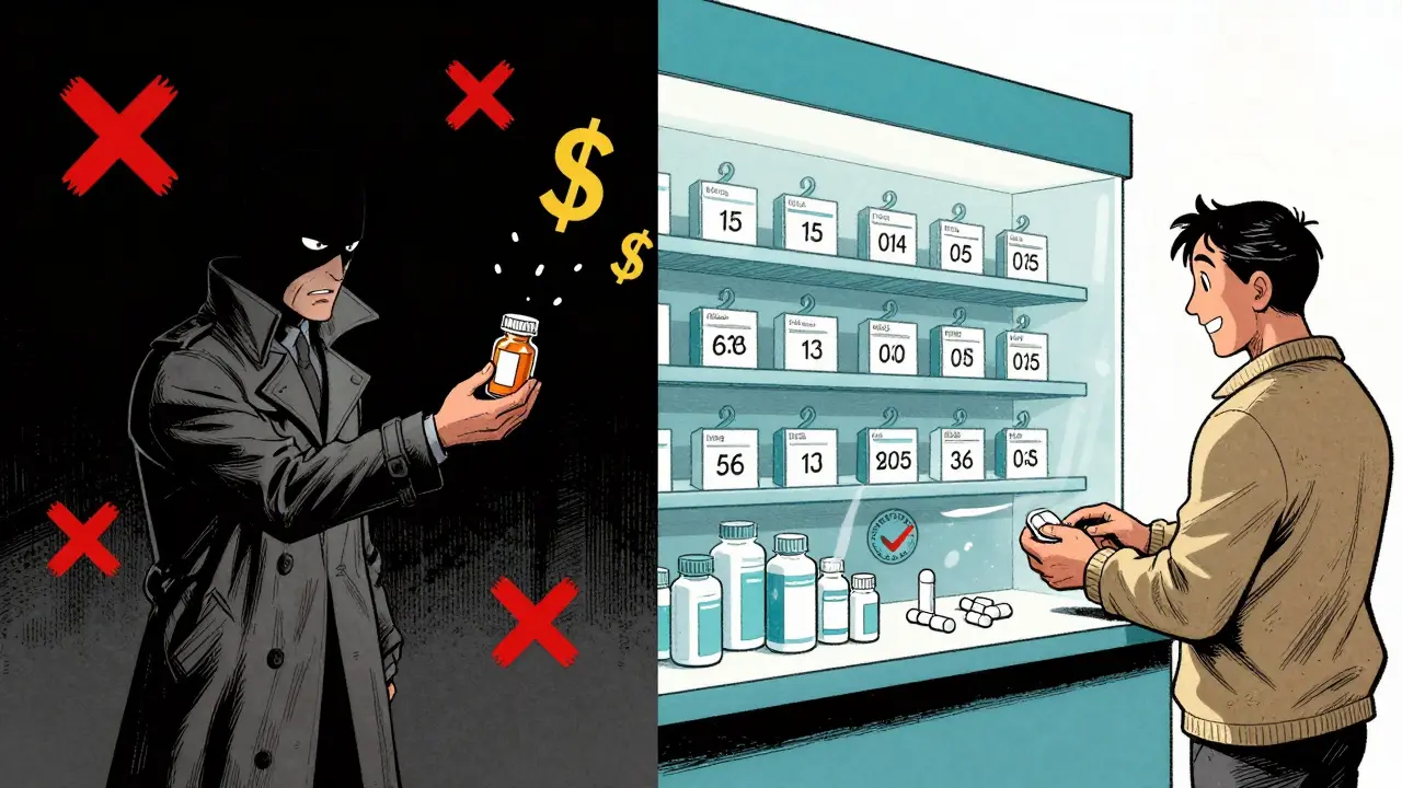 Comparison of shady scammer versus legitimate pharmacy in cartoon style