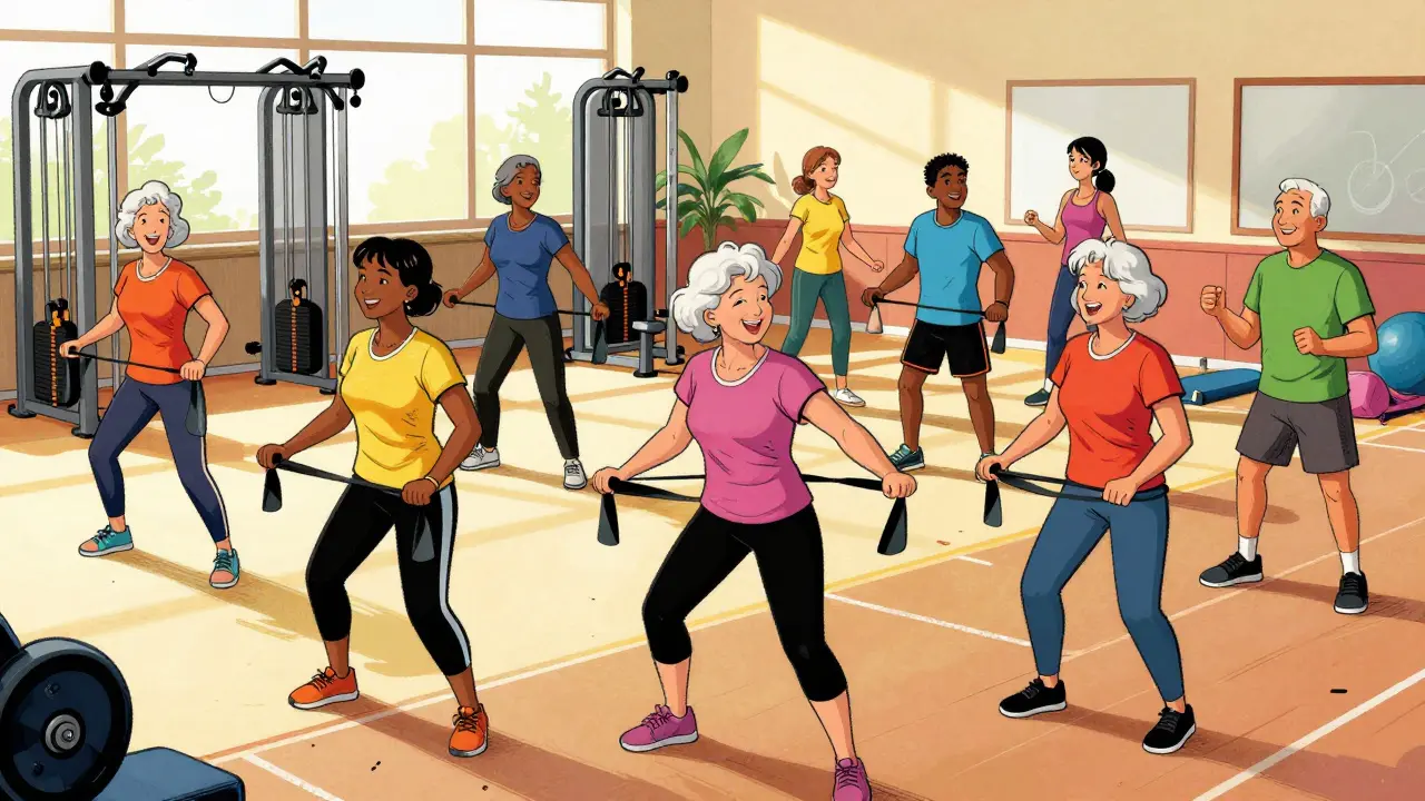 Group of seniors exercising together with bands and machines