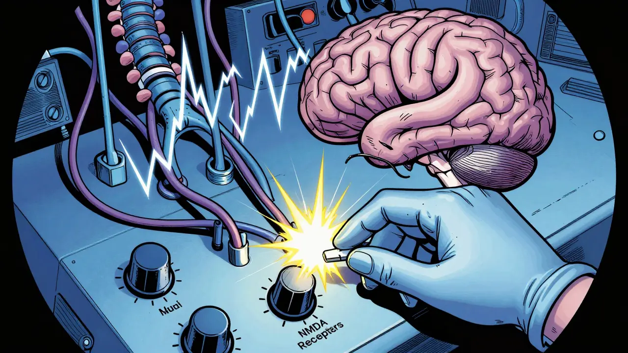 Illustration of spinal cord as radio with NMDA volume turned up