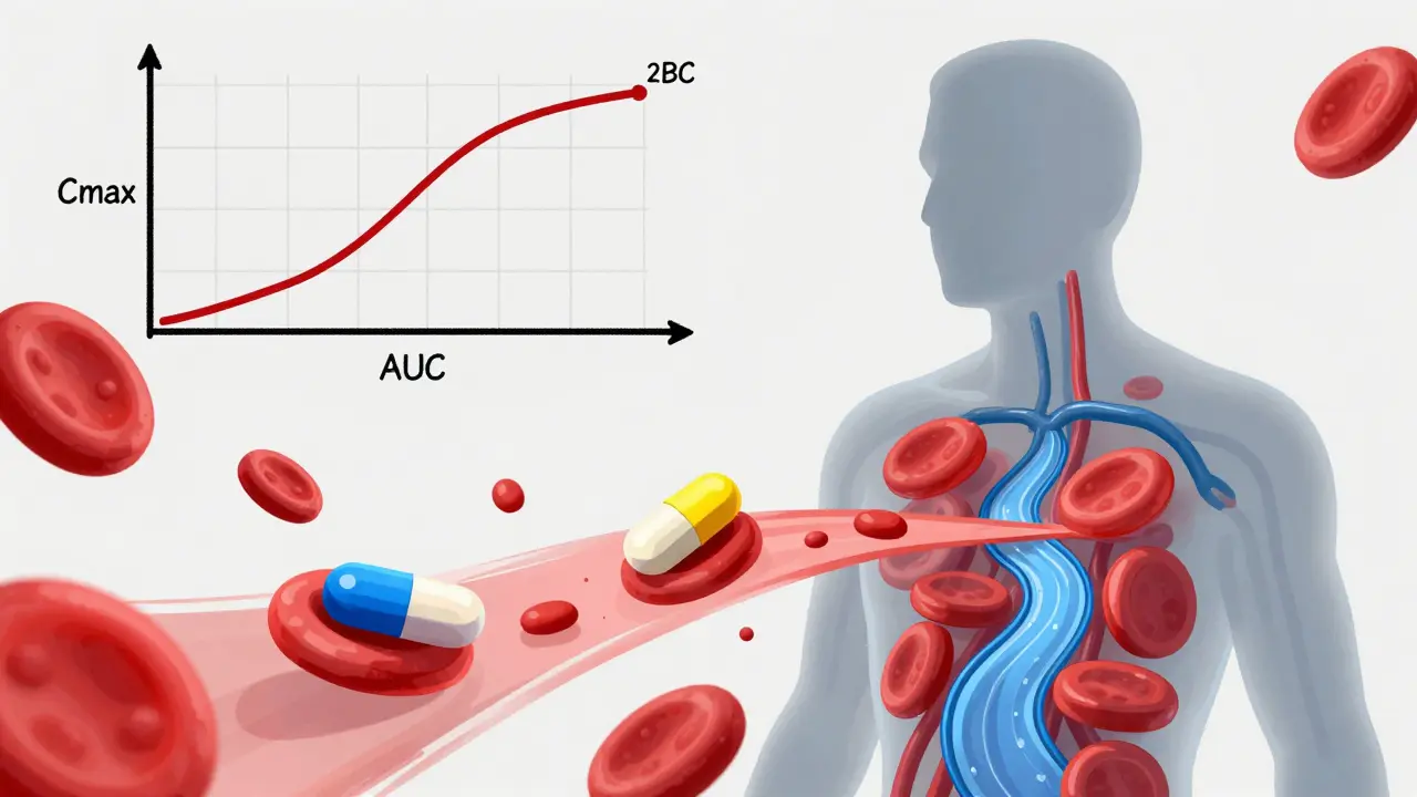 Illustration of two pills dissolving in a bloodstream with graphs showing equal absorption rates.