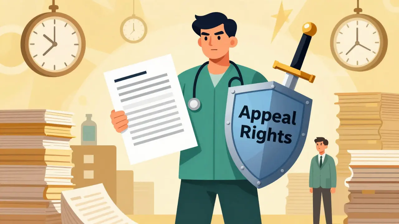 Patient defending rights with appeal documents against bureaucracy