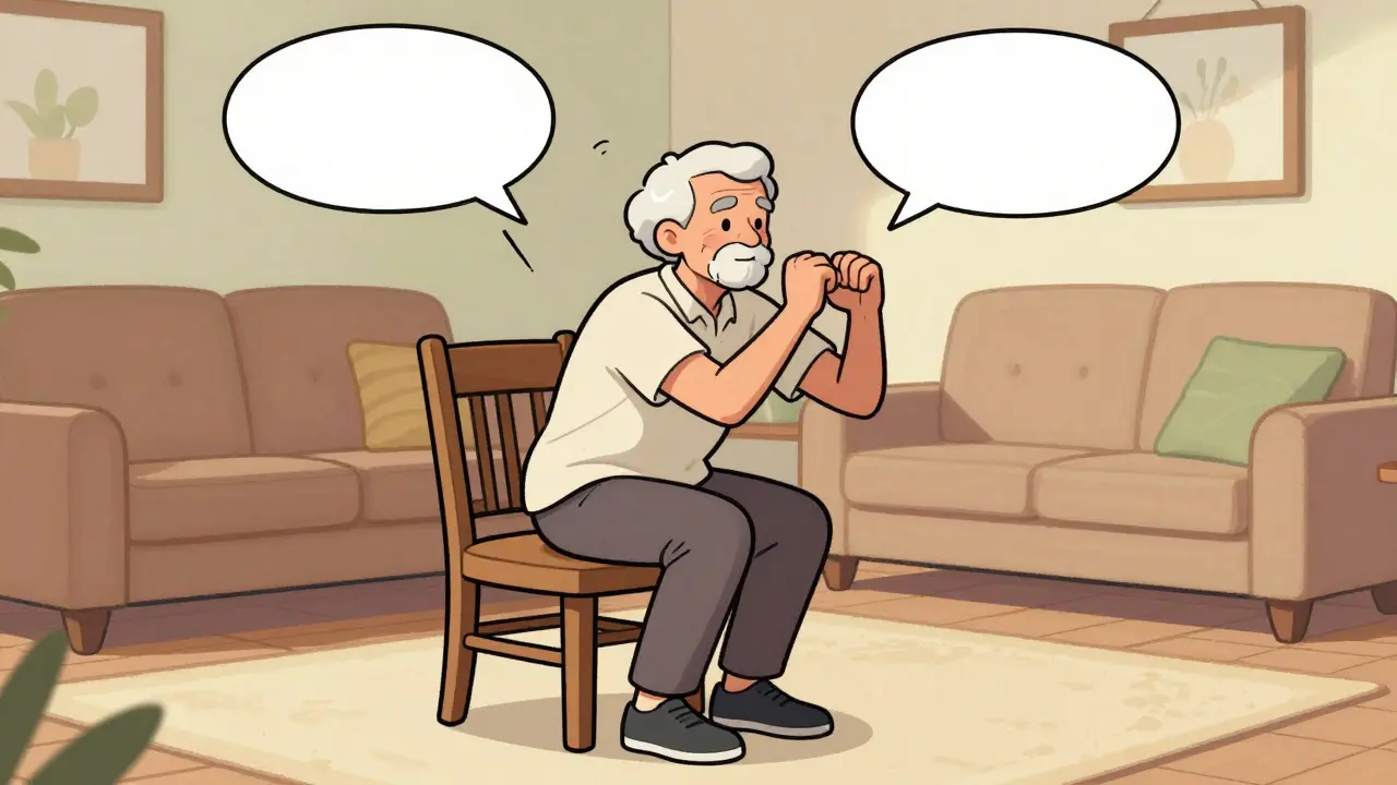 Senior doing chair squats at home in cartoon style