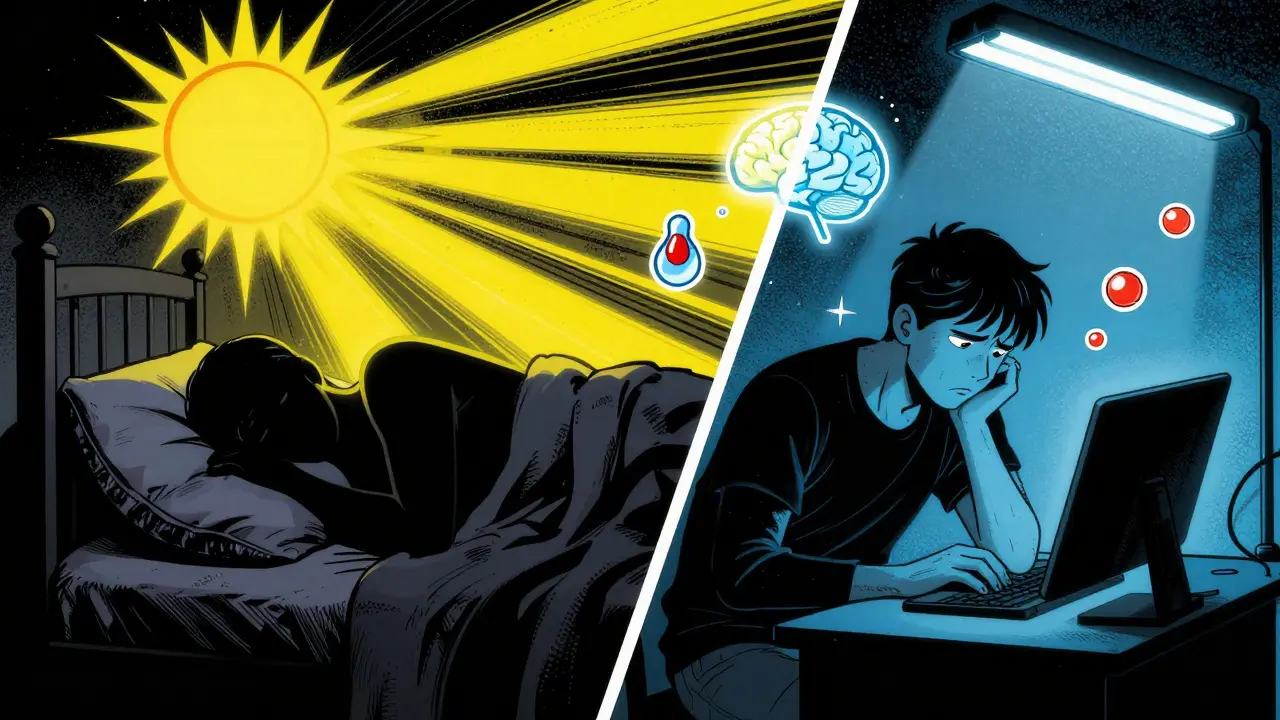 Split view of circadian conflict: sleeping in daylight vs working under night lights