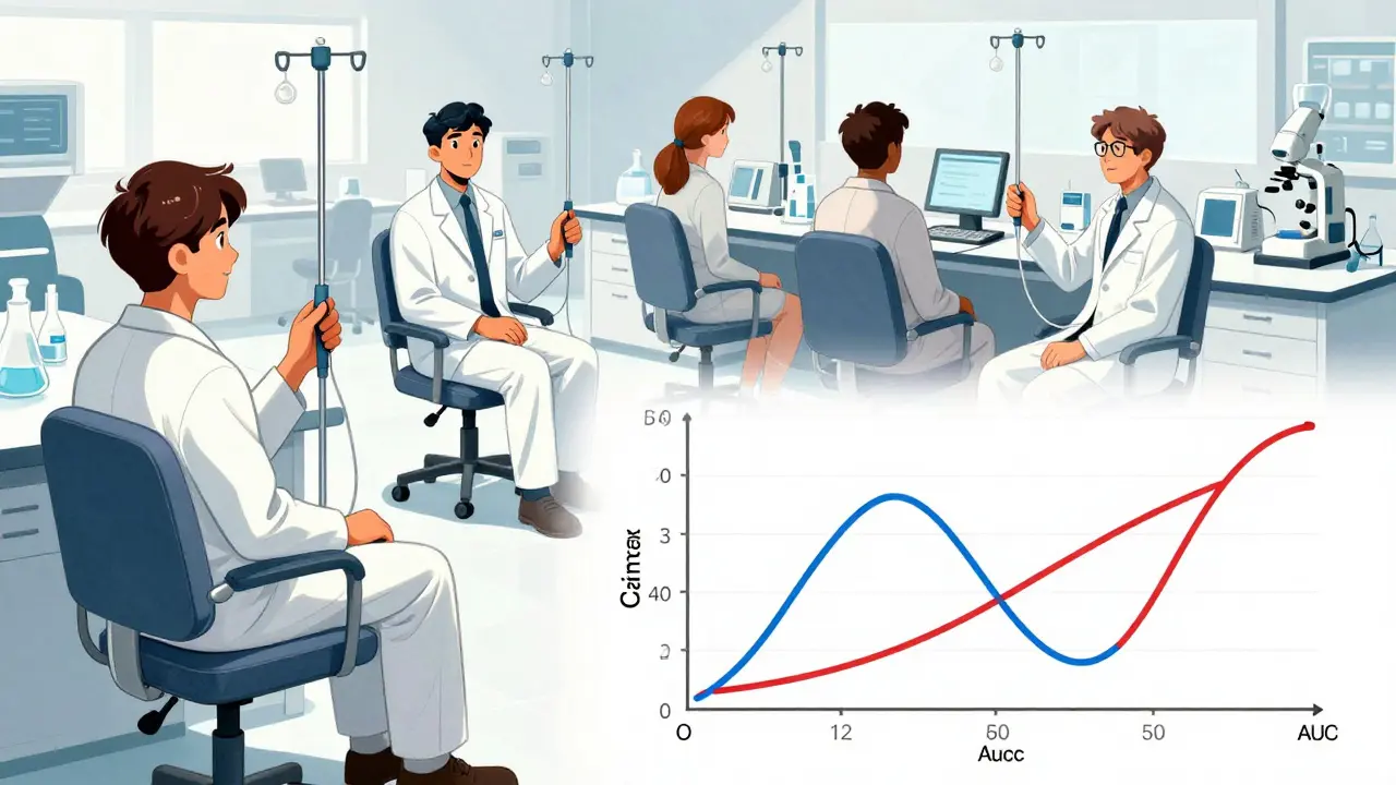 Volunteers in lab undergoing blood tests for drug absorption study