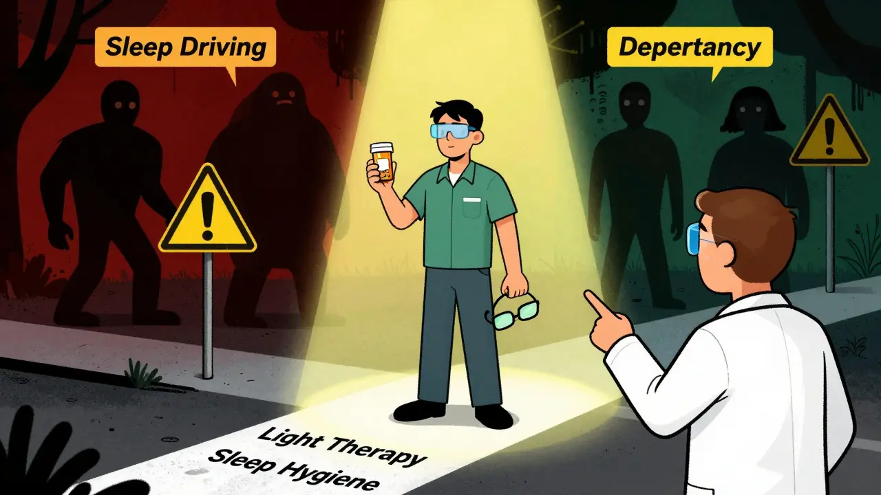 Worker choosing between medication risks and light therapy safety strategies