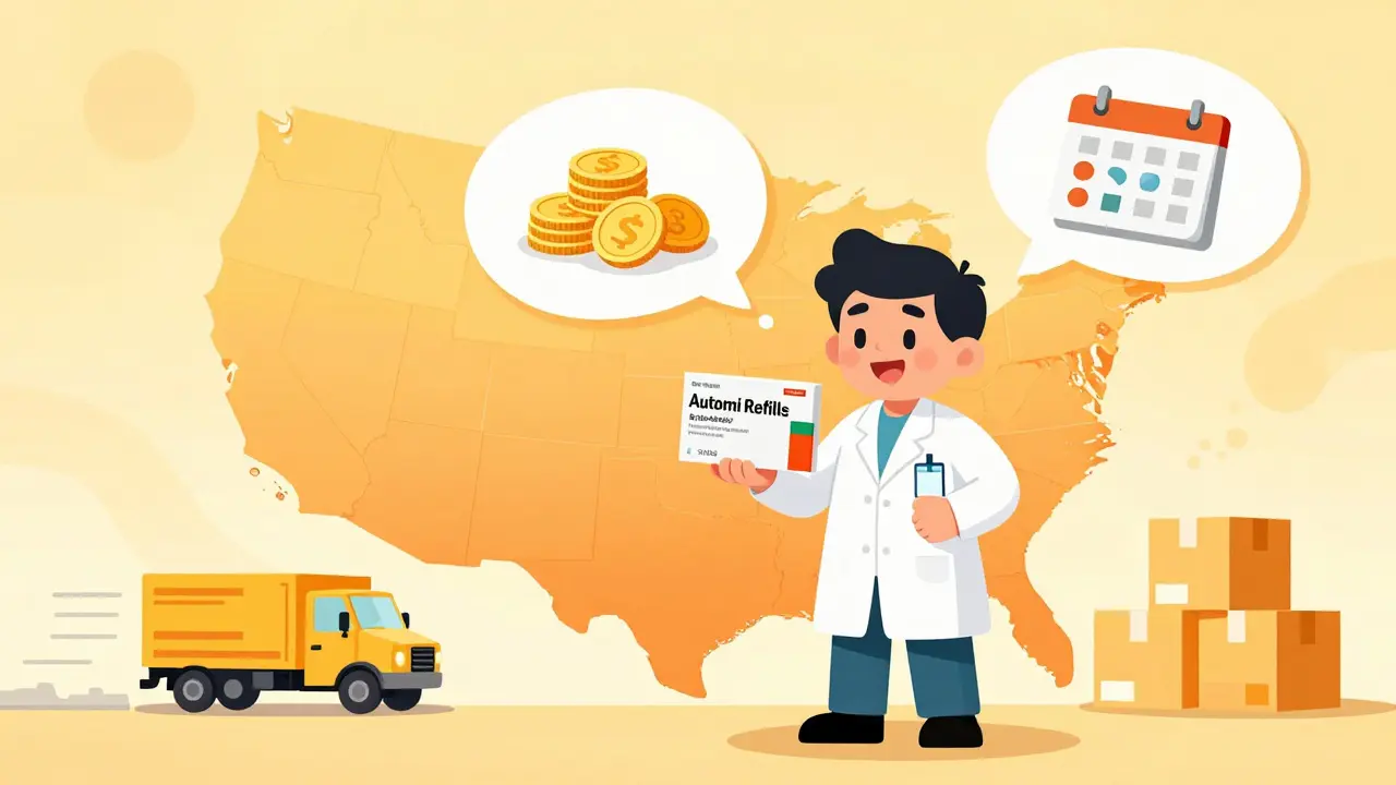 Cartoon character with medication and delivery trucks over US map