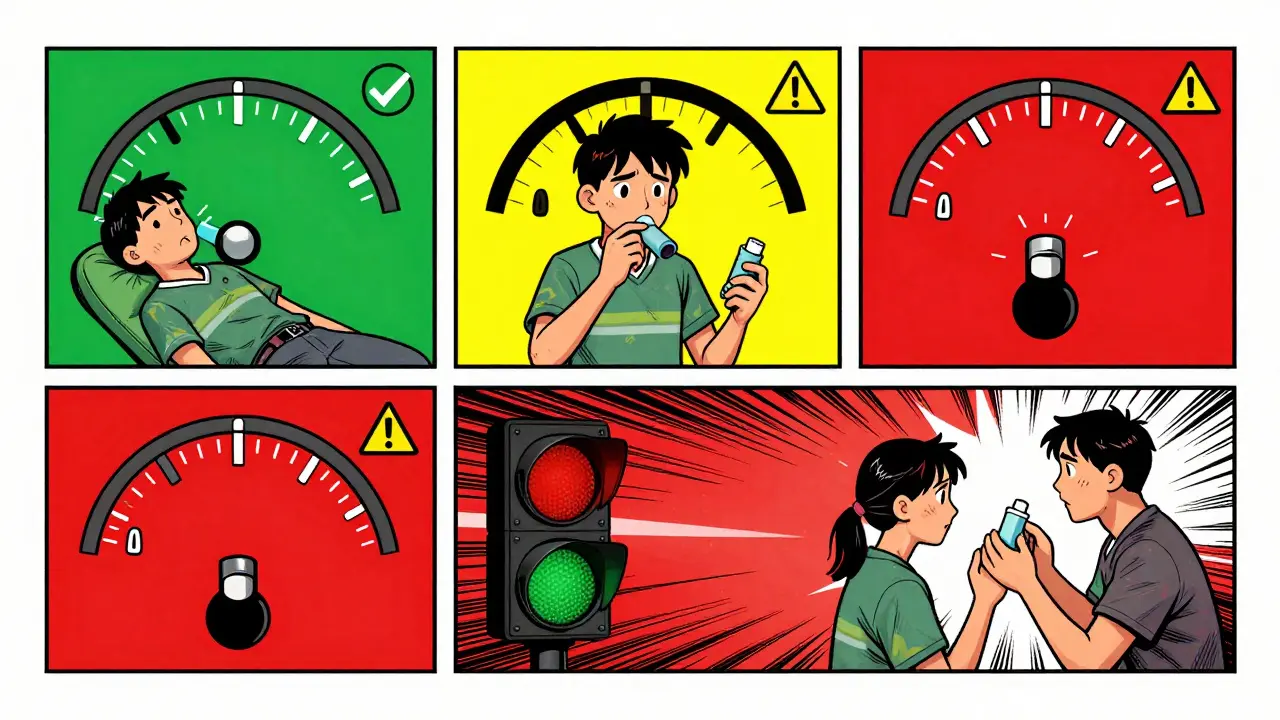 Cartoon depiction of green, yellow, red asthma peak flow zones