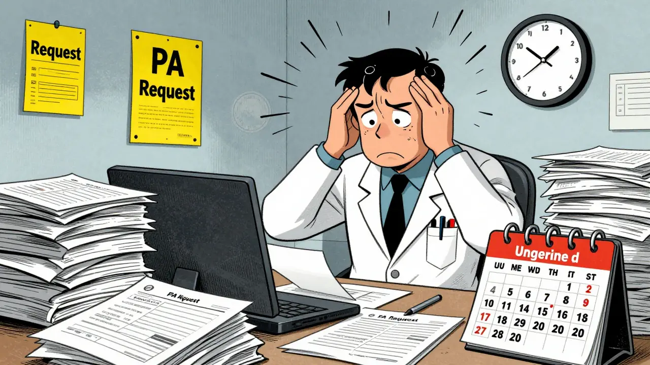 Cartoon illustration of stressed doctor overwhelmed by prior authorization paperwork