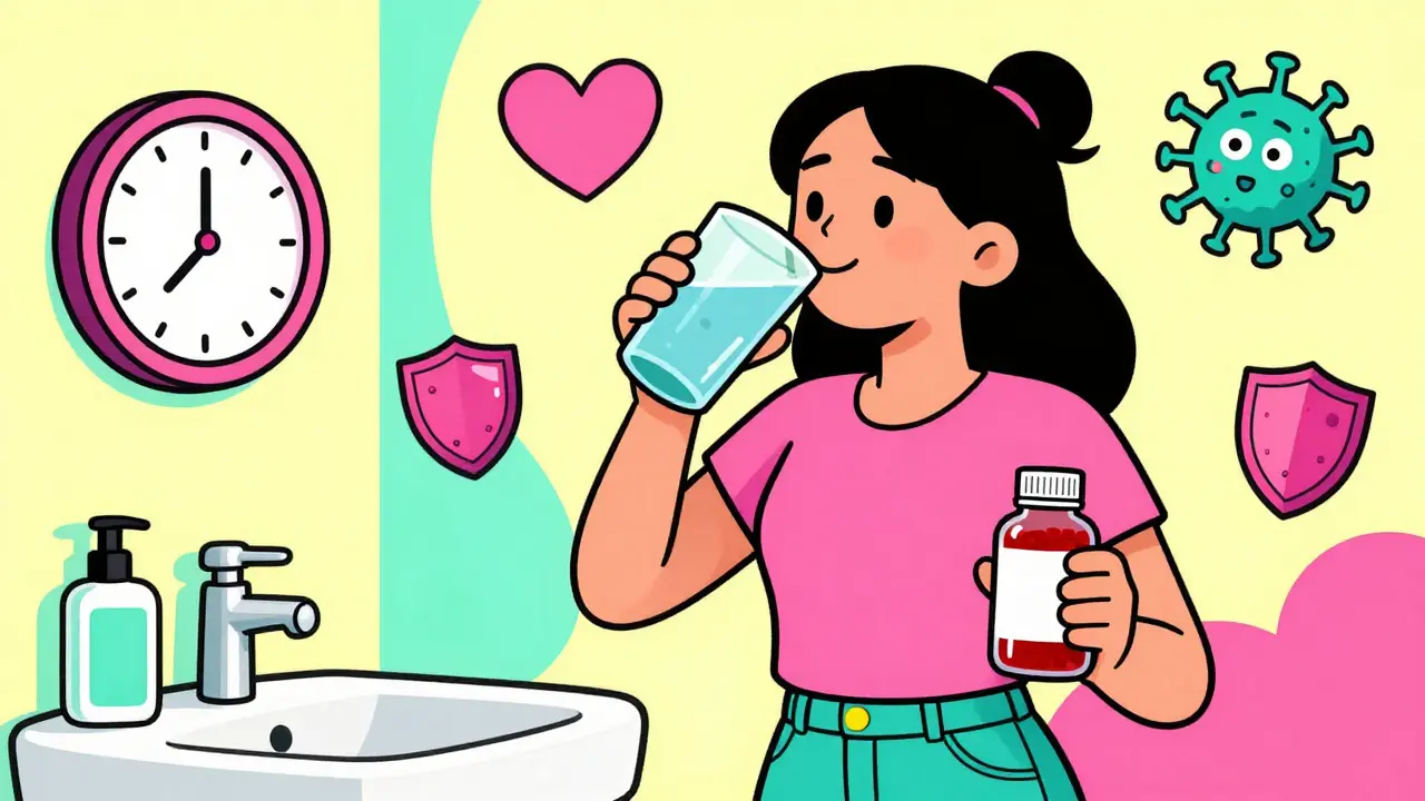 Character drinking water and taking supplements for UTI prevention