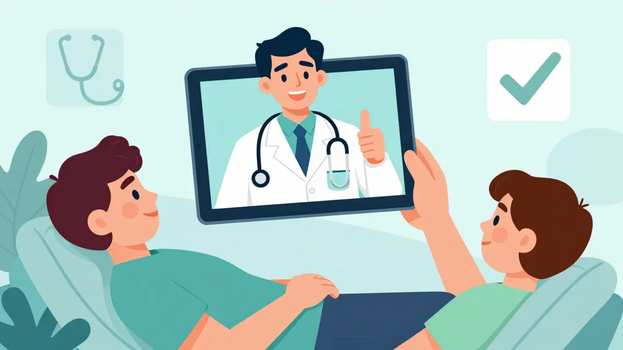 Comic style doctor on tablet screen approving prescription for patient