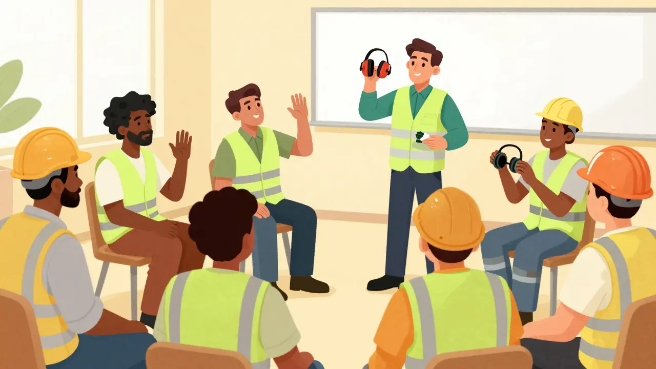 Comic style drawing of employees learning to use hearing protection