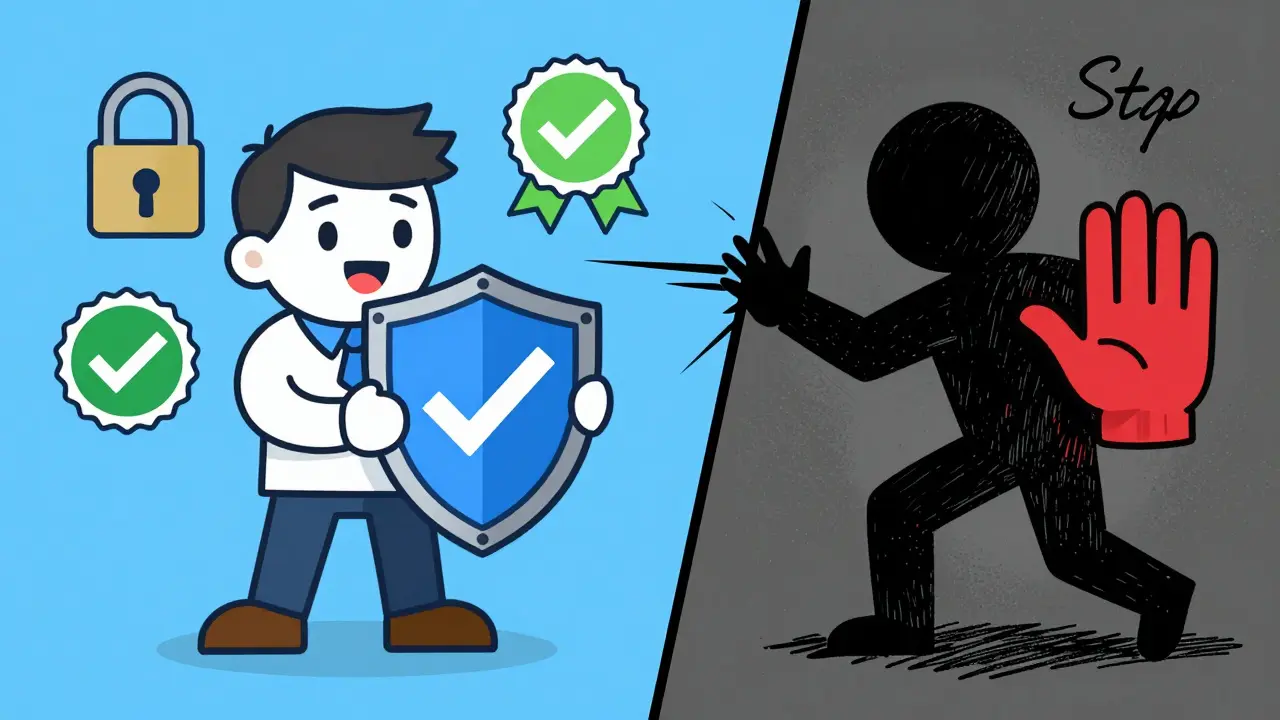 Comic style illustration comparing safe vs unsafe online pharmacies