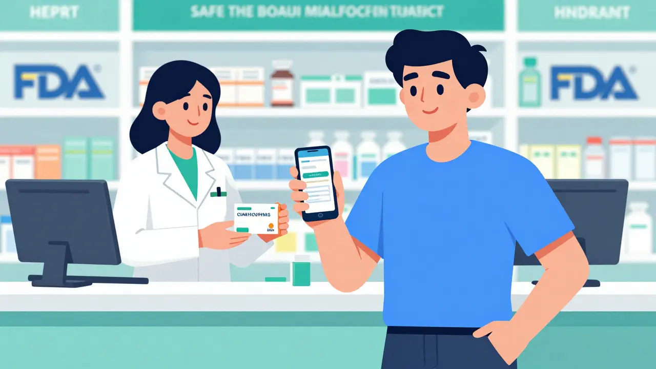 Customer using coupon app at pharmacy counter, contrasting safe vs unsafe options