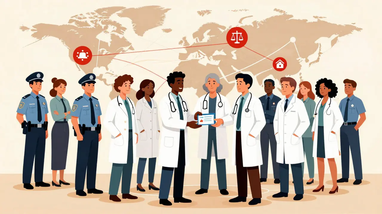 Global team of pharmacists and police collaborating to stop counterfeit drugs.