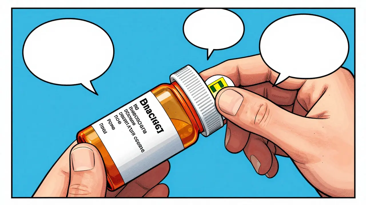 Hand rotating a pill bottle to reveal a hidden auxiliary label behind the thumb.