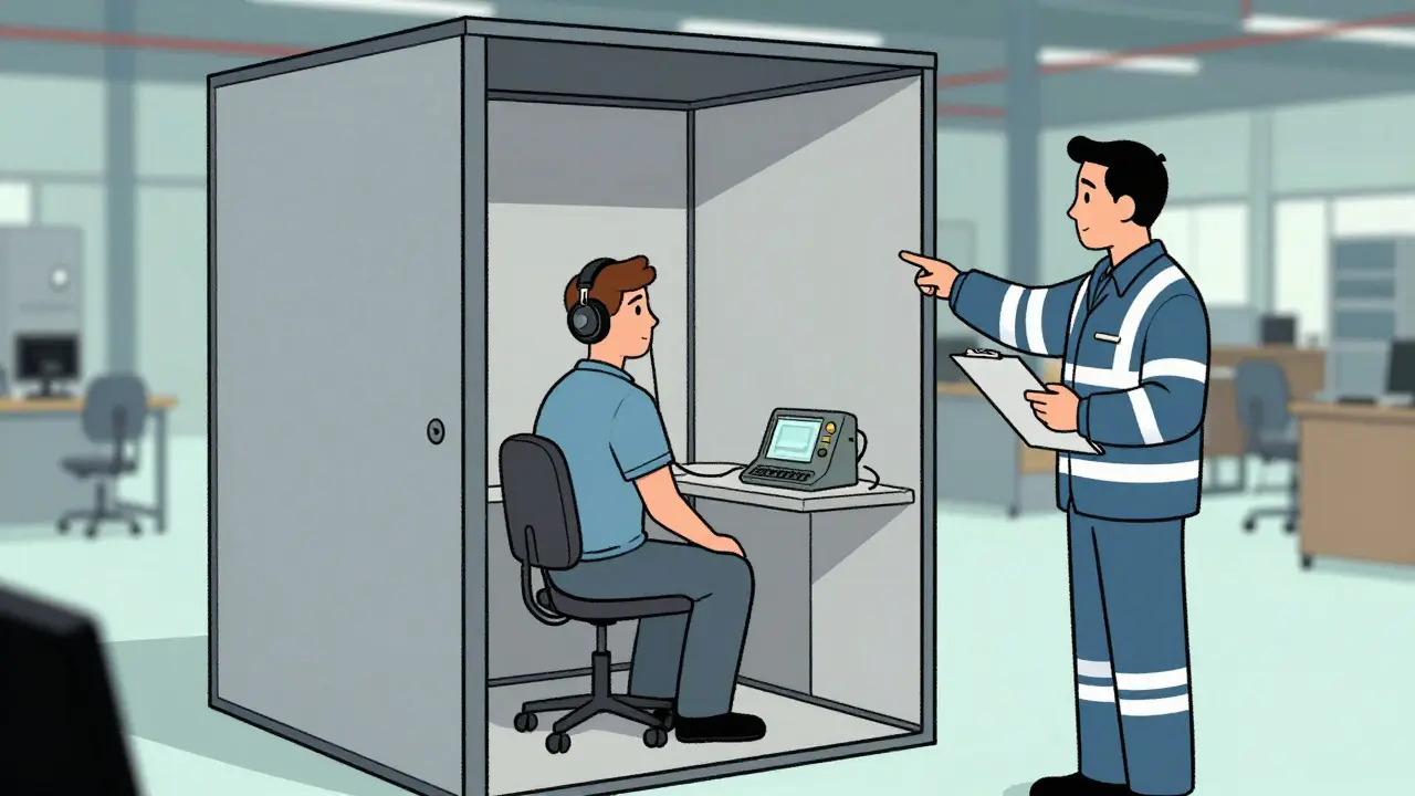 Illustration of a worker undergoing hearing test in a soundproof booth