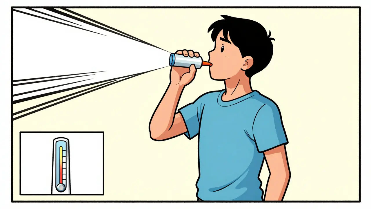 Illustration of correct peak flow meter technique, standing and blowing hard