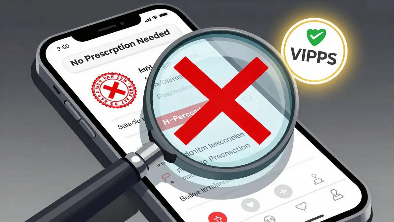 Illustration of magnifying glass checking for fake online pharmacy scams