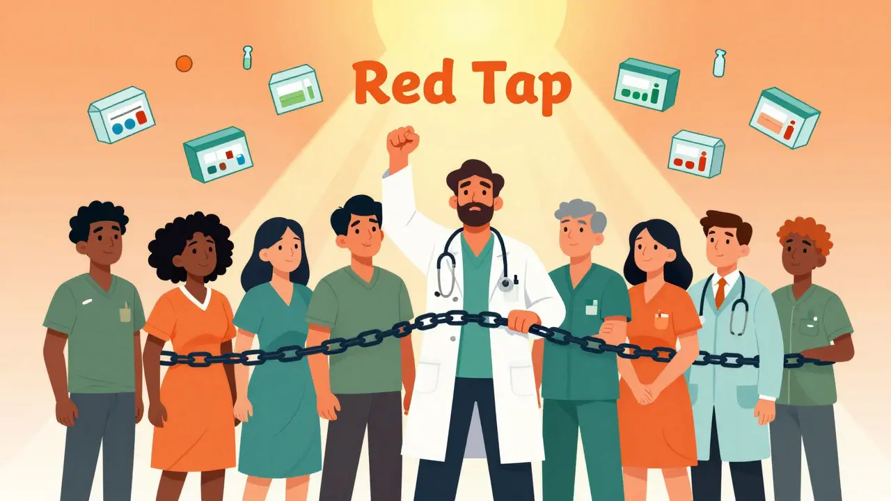 Illustration of patients and doctors breaking bureaucratic chains for easier drug access