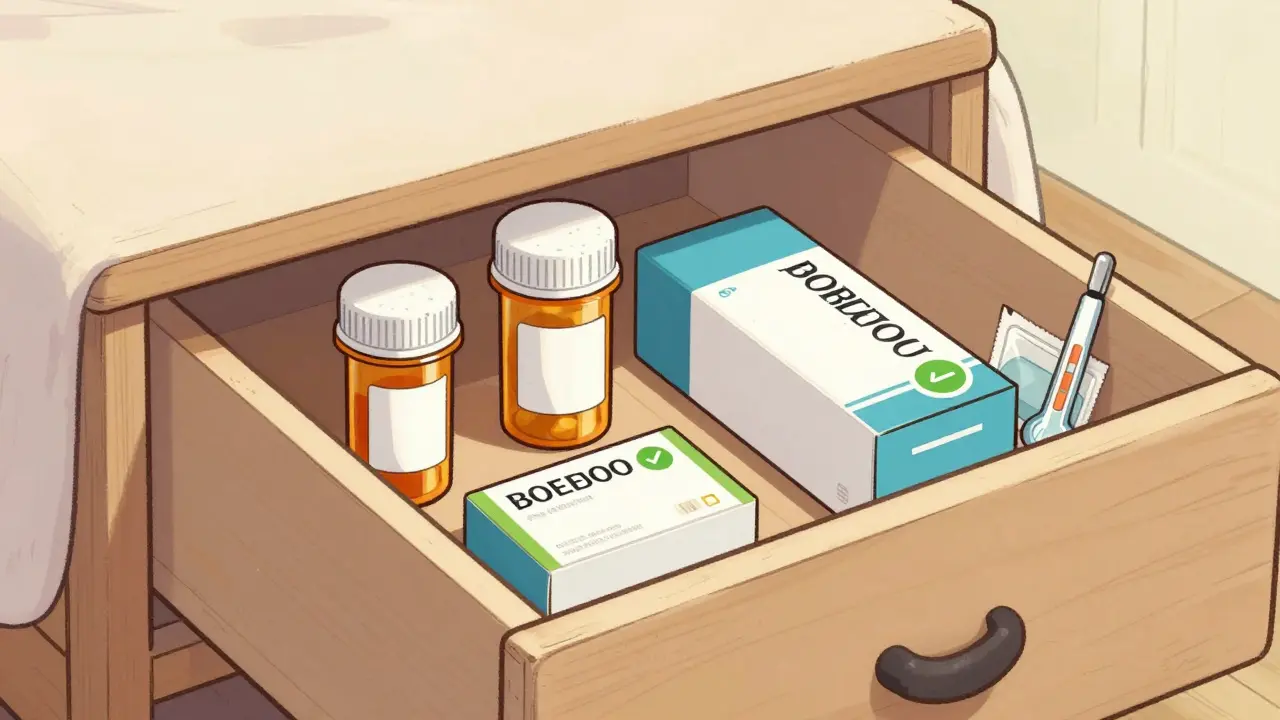Medications safely stored in a dry, cool bedroom drawer