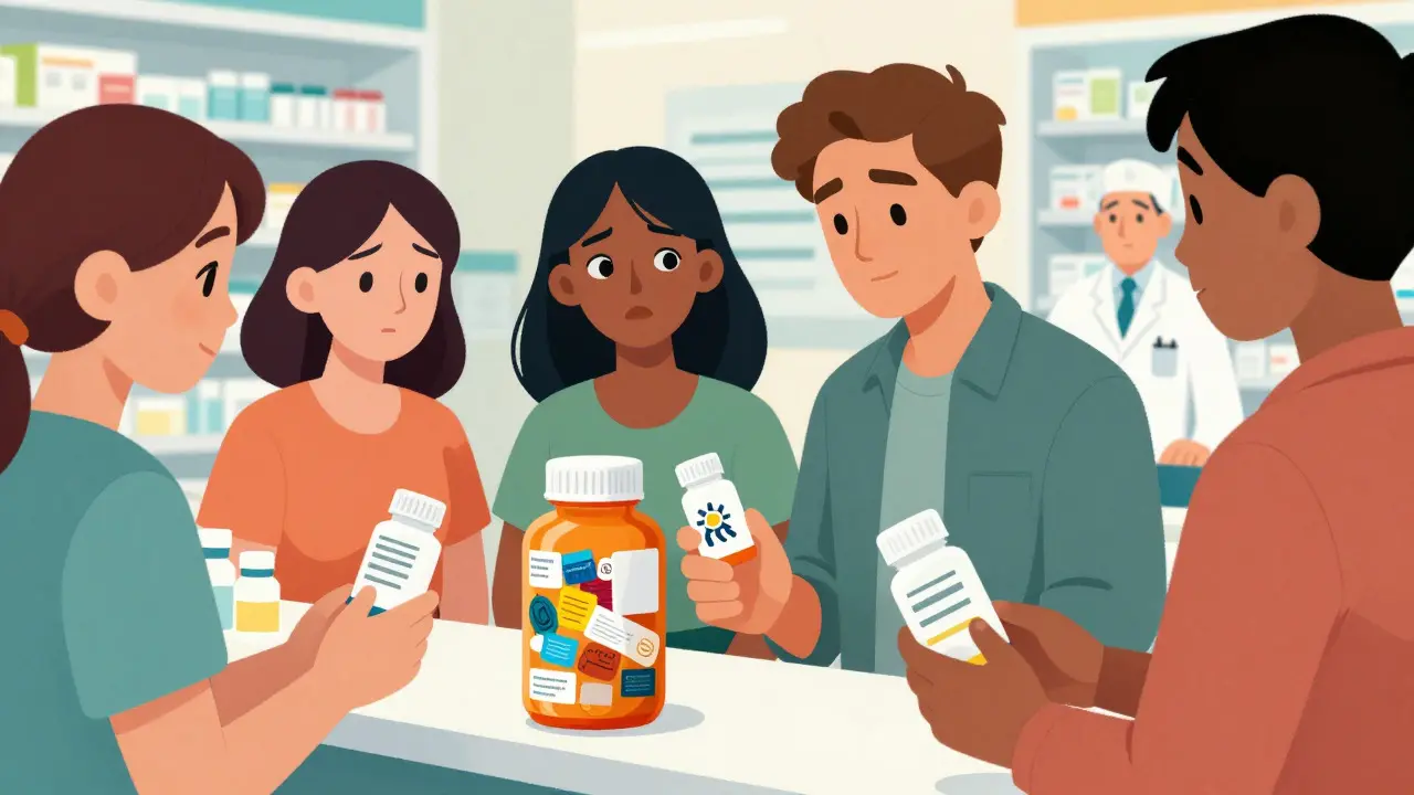 Patients at a pharmacy counter examining medicine labels, focusing on clarity and icons.