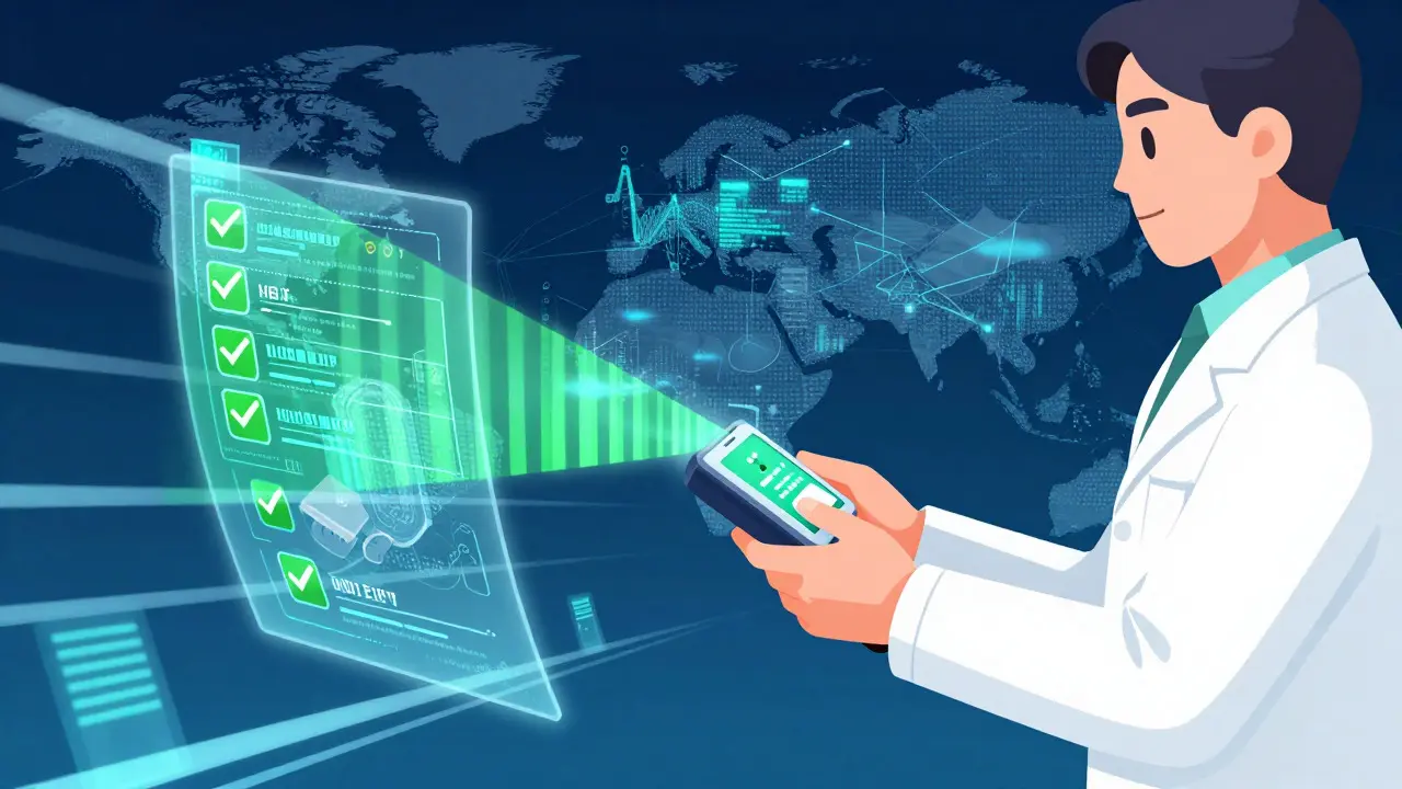 Pharmacist using a handheld scanner to verify drug authenticity with digital effects.