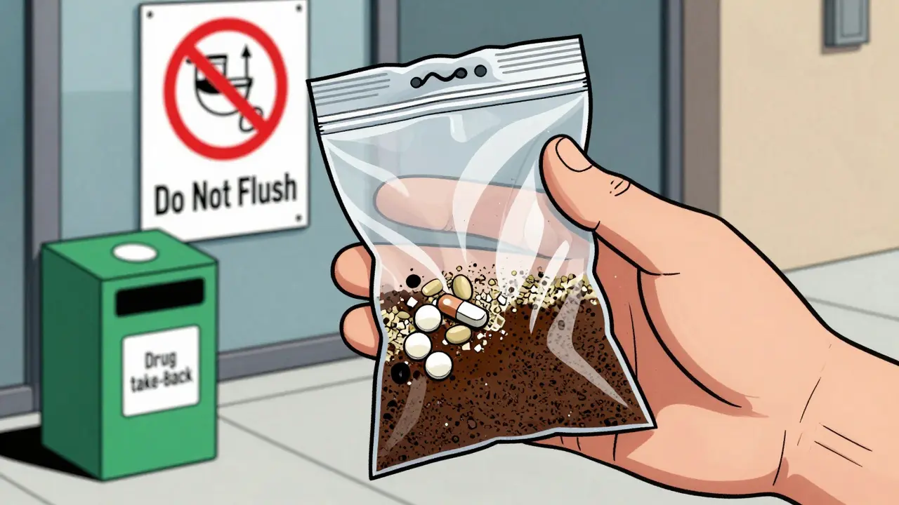 Pills mixed with coffee grounds in a bag for safe disposal