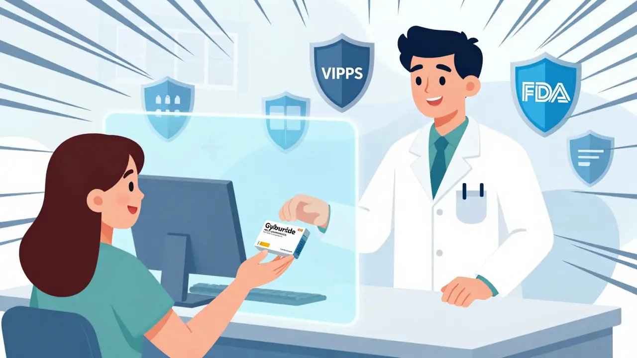 Safe online pharmacy delivery with trusted accreditation symbols