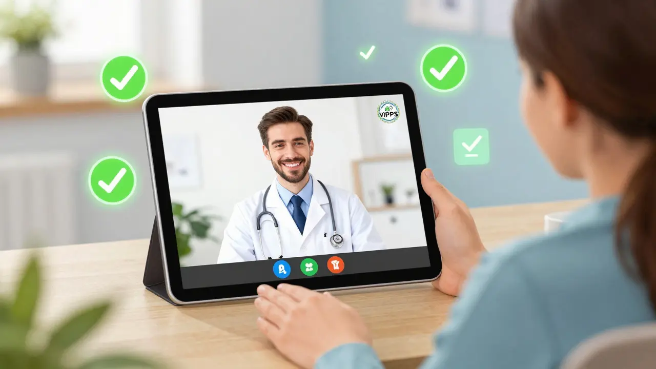 Illustration of a safe telehealth doctor visit with trust badges